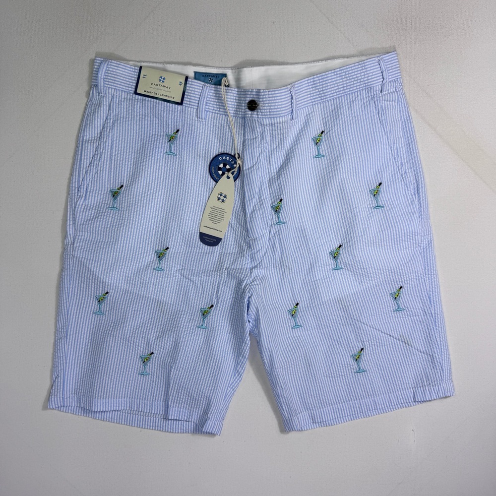 Castaway Nantucket Cisco Blue Seersucker Martini Embroidered Shorts Mens 38 NWT